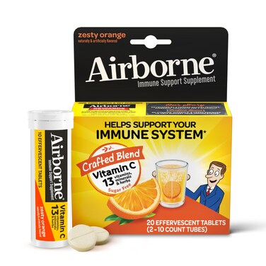 Airborne 1000mg Vitamin C With Zinc Effervescent Tablets Immune Support Supplement With Powerful Antioxidants Vitamins A C  E  20 Fizzy Drink Tablets Zesty Orange Flavor