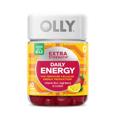 OLLYExtra Strength Daily Energy Gummy Caffeine Free 1000mcg Vitamin B12 CoQ10 Goji Berry Adult Chewable Supplement Berry Yuzu Flavor  60 Count