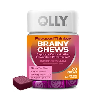 OLLYFocused Thinker Brainy Chews Omega3 ALA Vitamins B6  B12 Plus Thai Ginger Extract for Alertness Concentration  Cognitive Performance Support Vegetarian Raspberry 20 Count