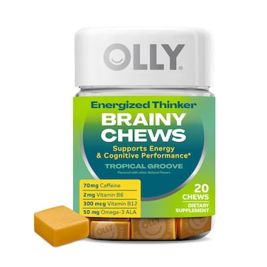 OLLY Energized Thinker Brainy Chews 70mg of Caffeine Vitamin B12  Omega3 Energy Supplement Tropical Vegetarian 20 count