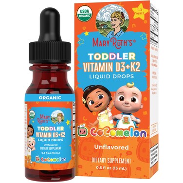 MaryRuth Organics CoComelon Vitamin D3 K2 Liquid Drops for Toddlers  Vitamin K2 D3 Supplement for Kids Ages 13  Calcium Absorption  Strong Bones  USDA Organic  Sugar Free  15 mL