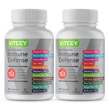 11 in 1 Multivitamin Immune Defense Supplement  Immune Booster Capsules for Adults  Vitamin C Vitamin D3 Vitamin B6 Zinc Elderberry Echinacea Turmeric RoseHIPS Selenium BioPerine Ginger