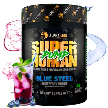 ALPHA LION Superhuman Pump Pre Workout Powder Nootropic Caffeine  Stim Free Preworkout Supplement Nitric Oxide Booster Muscle Gainer Energy  Focus 42 Servings Blueberry Steel Flavor