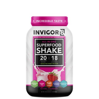 INVIGOR8 Superfood Grass Fed Whey Protein Isolate Shake Natural Strawberry GlutenFree and Non GMO Meal Replacement with Probiotics and Omega 3 645g