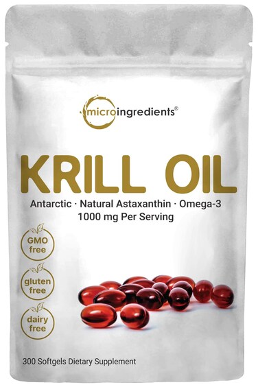 Micro Ingredients Antarctic Krill Oil Supplement 1000mg Per Serving 300 SoftGels Rich in Omega3s EPA DHA  Natural Astaxanthin Supports Immune System  Brain Health Easy to Swallow