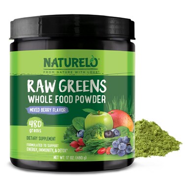 NATURELO Raw Greens Superfood Powder  Mixed Berry Flavor  Boost Energy Detox Enhance Health  Organic Spirulina  Wheat Grass  Whole Food Nutrition from Fruits  Vegetables  480 Grams