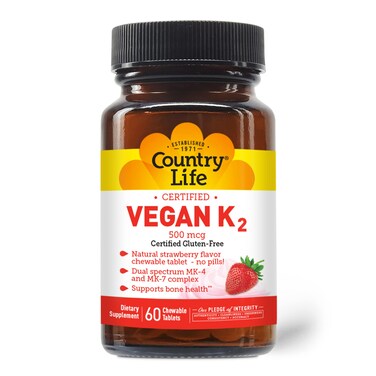 Country Life Vegan Vitamin K2 500 mcg Dual Spectrum MK4 and MK7 Complex Supports Bone  Teeth Health 60 Chewable Tablets Strawberry Flavor