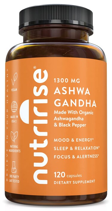NutriRise Organic Ashwagandha Root Capsules with Black Pepper 1300mg Natural Stress  Mood Thyroid and Immune Support Supplement Clarity Focus  Energy Gluten Free 120 Count