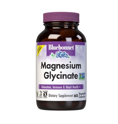 Bluebonnet Magnesium Glycinate Energy Production Enzyme Function NonGMO Certified by NSF Vegan Kosher Certified GlutenFree SoyFree DairyFree 60 Vegetable Capsules 15 Servings
