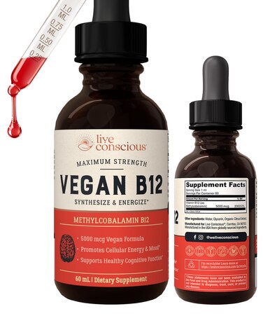 Vegan Vitamin B12 Sublingual Liquid Drops by Live Conscious Methylcobalamin Max Strength B12 5000mcg Formula  Vegan B 12 Vitamin Support Energy Promote Memory  Aid Immune System  60 Serving