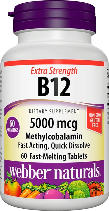 Webber Naturals Vitamin B12 5000 mcg 60 FastMelting Quick Dissolve Tablets Supports Energy Production and Metabolism Gluten Free NonGMO Vegetarian