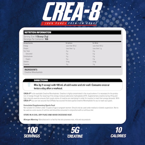 EHP Labs CREA8 Creatine Monohydrate Powder  Creatine Supplement for Muscle Growth Increased Strength Enhanced Energy Output and Improved Performance Unflavored  100 Servings 500g