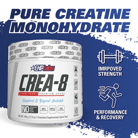 EHP Labs CREA8 Creatine Monohydrate Powder  Creatine Supplement for Muscle Growth Increased Strength Enhanced Energy Output and Improved Performance Unflavored  100 Servings 500g
