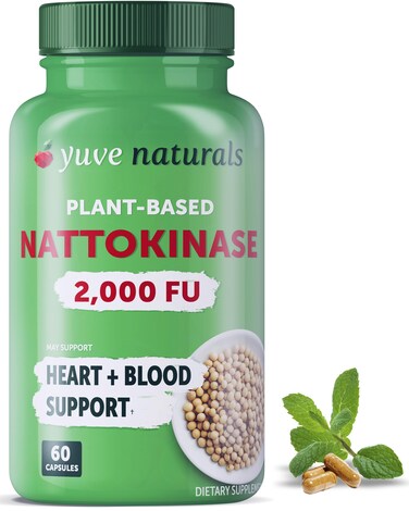 YuveNattokinase 2000 FU Nattokinase Supplement for Cardiovascular Health Support  Natural Blood Thinner  Natokinase Enzyme from Natto Extract SugarFree Vitamin K Free  60 Pills Made in USA