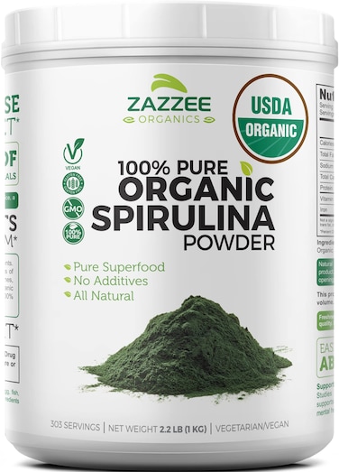 ZazzeeOrganic Spirulina Powder 22 Pounds 1 KG USDA Certified 303 Servings 100 Pure NonIrradiated MessFree Wide Mouth Container Fresh Smell and Neutral Taste Vegan NonGMO GlutenFree