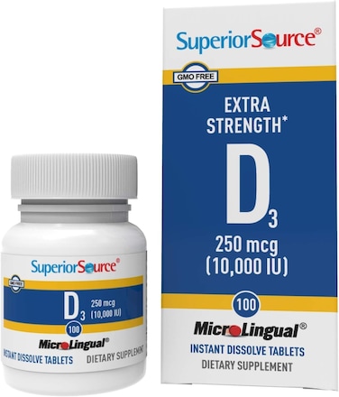Superior Source Vitamin D3 10000 IU Quick Dissolve MicroLingual Tablets 100 Count Helps Promote Strong Bones and Teeth Immune Support Helps Maintain Healthy Muscle Function NonGMO