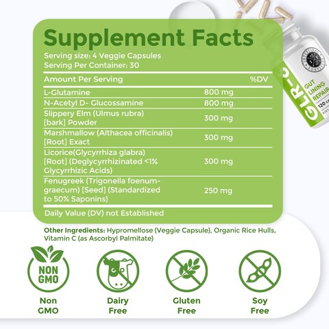 Intestinal FortitudeGLR6  Gut Lining Repair Supplement for Gut Health  Leaky Gut Repair with LGlutamine Slippery Elm DGL Licorice Root Marshmallow Root Fenugreek  IBS IBD GERD  Vegan