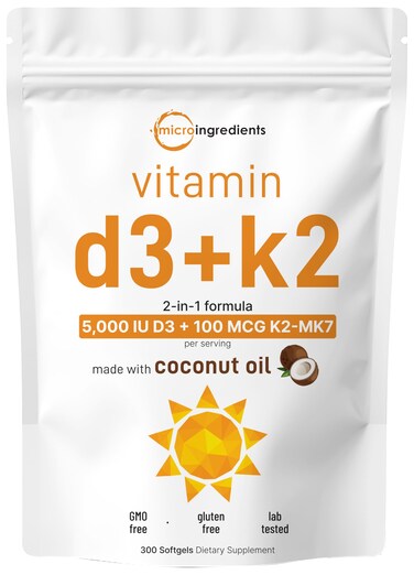 Micro Ingredients Vitamin D3 5000 IU Plus K2 MK7 100 mcg 300 Virgin Coconut Oil Softgels  2 in 1 Vitamins D  K Complex  Supports Calcium Absorption Bone Immune  Heart Health