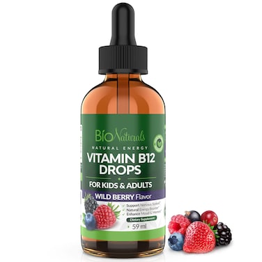 Vitamin B12 Liquid Drops for Adults  Kids  100 Natural Sublingual Methylcobalamin  Highest Absorption  Energy  Brain Booster Helps with Fatigue  Weakness  Wild Berry  2 fl oz
