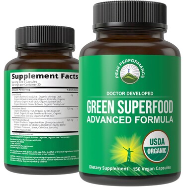 Organic Super Greens 150 Capsules  Green Juice Superfood Supplement with 25 All Natural Organic Ingredients Max Energy and Detox Super Food Pills with Spirulina Spinach Kale Turmeric Probiotics