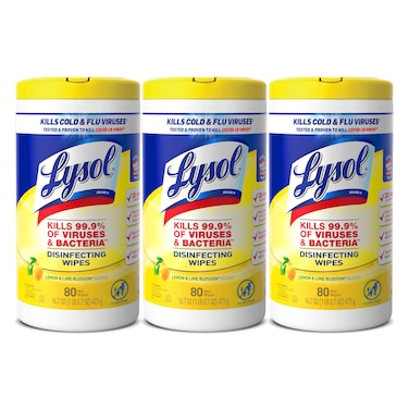 Lysol Disinfectant Wipes MultiSurface Antibacterial Cleaning Wipes For Disinfecting and Cleaning Lemon and Lime Blossom 80 Count Pack of 3