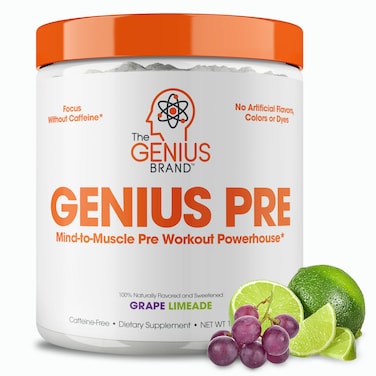 Genius Pre Workout Powder Grape Limeade  AllNatural Nootropic Preworkout  CaffeineFree Nitric Oxide Booster Supplement with Beta Alanine  Alpha GPC  No Artificial Flavors Sweeteners or Dyes