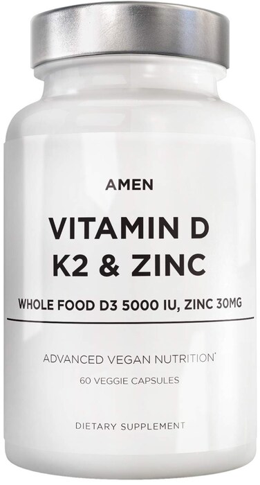 Amen Vitamin D K2  Zinc Cholecalciferol D3 5000 IU Organic Whole Food Blend with Apple Blueberry Cranberry Elderberry Powder Fruits Vegan Supplement D3 K2 Vitamins NonGMO  60 Capsules