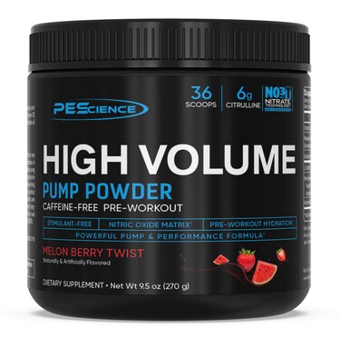 PEScience High Volume Nitric Oxide Booster Pre Workout Powder with L Arginine Nitrate Melon Berry 36 Scoops Caffeine Free