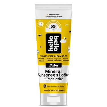 Hello Bello Mineral SPF 55 Sunscreen Lotion with Prebiotics I Water Resistant and Reef Friendly Sun Protection for Babies and Kids I 3 fl oz Pack of 1