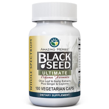 Amazing Herbs Whole Spectrum Black Seed Ultimate Vegetarian Capsules  Olive Leaf  Garlic Extracts Plus Ginger  Cayenne Gluten Free Non GMO Vegan  100 Count