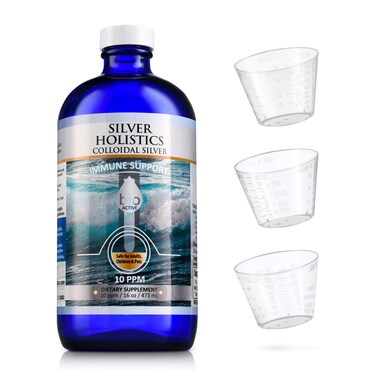 SILVER HOLISTICS Colloidal Silver Liquid 10PPM  Colloidal Silver Bottle with Measuring Cups  Silver Holistics Liquid for Children Adults  Pets  Silver Supplement for Immune Support 16 Oz