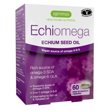 Echiomega Vegan Triple Omega 3 6 9 500 mg Echium Seed Oil EFA Supplement for Women with GLA 60 Softgels