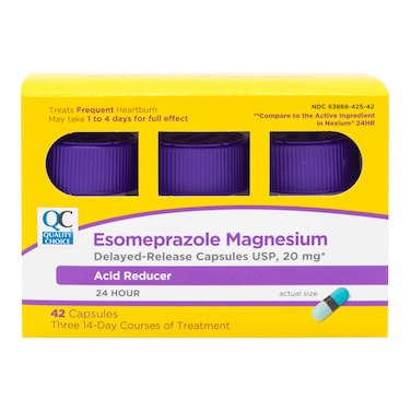 Quality ChoiceEsomeprazole Magnesium 20 mg Acid Reducer  Heartburn Relief Delayed Release Capsules for 24 Hour All Day and Night Protection 42 Count