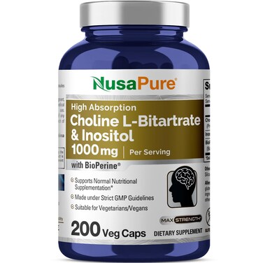 NusaPure Choline  Inositol 1000mg  200 Veggie Caps 100 Vegetarian NonGMO Bioperine