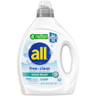 allLaundry Detergent Liquid Free Clear for Sensitive Skin Odor Relief Unscented and Hypoallergenic 2X Concentrated 90 Loads