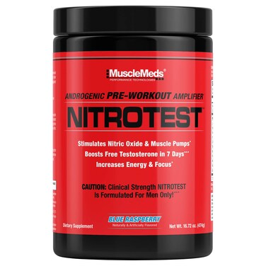 MuscleMedsNitrotest PreWorkout Supplement Drink Boost Nitric Oxide Testosterone Blue Raspberry 30 Serving 104 Pound 1 Count