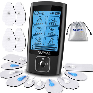 NURSAL Dual Channel Ems Tens Unit 24 Modes Muscle Stimulator for Pain Relief  Muscle Strength with 14 Pads Rechargeable Tens Machine Pulse Massager with Storage PouchPads HolderLanyardCable Ties