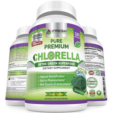 FRESH HEALTHCARE Premium Chlorella Supplement 1200mg Pure Vegan Powder Capsules 180 Chlorophyll and CFG Pills Natural Detox Superfood Naturally Contains B Vitamins and Minerals