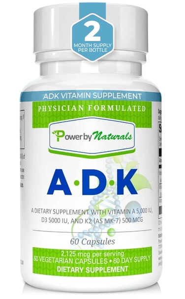 Power By Naturals ADK Vitamin Supplement Vitamin A Vitamin D3 5000 iu and Vitamin K2 MK7 Support Bone Health Vitamin ADK Supplement Pure Vitamin D3 K2 MK7  A 60 Capsules 2 Month Supply