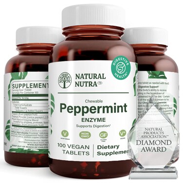 Natural Nutra Chewable Peppermint Digestive Enzyme Supplement Stomach Calmness Papaya Papain Vegan and Vegetarian 100 Tablets