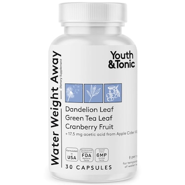 Youth  TonicNatural Water Weight Away Pills for Swelling Water Retention  Belly Bloating  Herbal Diuretic Supplement for Women  Men  30 Capsules wPotassium Caffeine Free