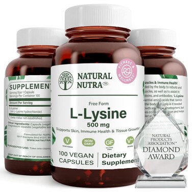 Natural Nutra L Lysine HCl Promotes Bone Health and Growth Improve Calcium Absorption NonGMO Vegan 500 mg 100 Capsules