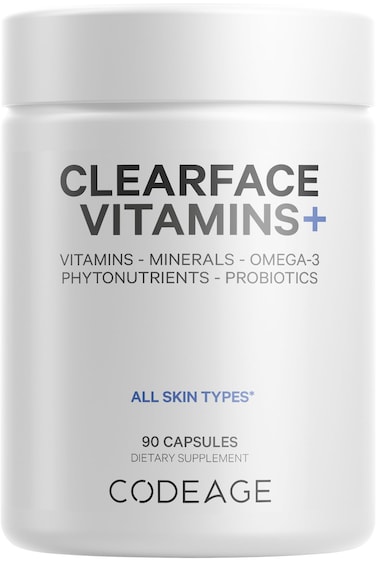 Codeage Clearface Pantothenic Acid Niacin Supplement Vitamins A C D3 E Probiotics Zinc Riboflavin Thiamin LLysine HCL  Omega3 Niacinamide Skin Botanical Blend  NonGMO  90 Capsules
