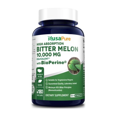 NusaPureBitter Melon Extract 10000 mg 180 Vegan Caps 100 Vegetarian NonGMO GlutenFree 10 Bitter Principles Bioperine