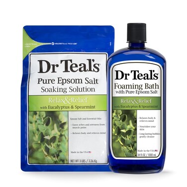 Dr TealsEpsom Salt Soaking Solution and Foaming Bath with Pure Epsom Salt Eucalyptus 3 Pound Bags and 34 Ounce Bottle Packaging May Vary