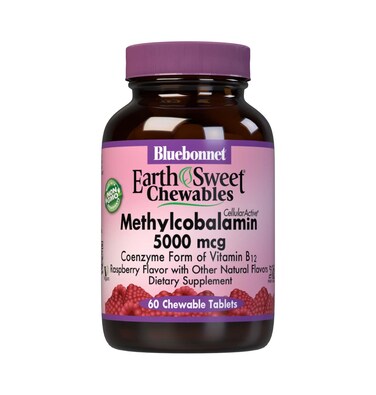 BluebonnetNutrition EarthSweet Methylcobalamin 5000 mcg Active Coenzyme Form of Vitamin B12 Supports Energy Boost  Metabolism  Vegan GlutenFree  Raspberry Flavor  60 Chewable Tablets