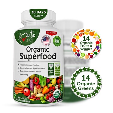 Organic Superfood Greens Fruits and Veggies Complex  Best Dietary Supplement with 14 Greens and 14 Fruits  Vegetables with Alfalfa Rich in Antioxidants Organic Ingredients NonGMO 60 Tablets