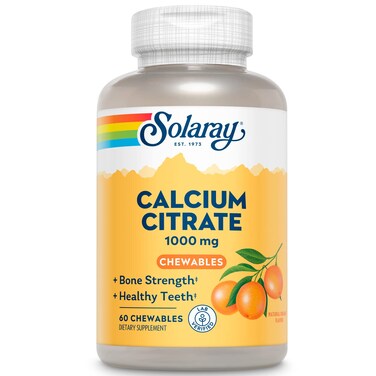 SOLARAYCalcium Citrate 1000 mg Natural Orange Flavor Chelated Calcium Supplement for Bone Strength Teeth Nerve Muscle and Heart Function Support 60Day Guarantee 15 Servings 60 Chewables