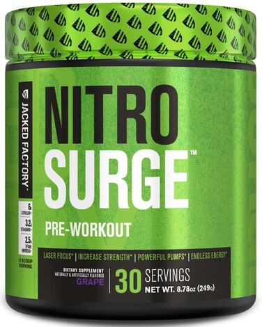 Jacked FactoryNITROSURGE Pre Workout Supplement  Endless Energy Instant Strength Gains Clear Focus Intense Pumps  Nitric Oxide Booster  Powerful Preworkout Energy Powder  30 Servings Grape