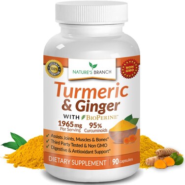 Extra Strength Turmeric Curcumin and Ginger  BioPerine  1965mg Joint Support Supplement for Aches with Black Pepper Powder Extract  Premium Made in USA  Vegan Natural Non GMO Pills  90 Capsules